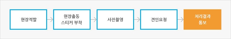 현장적발 > 현장출동/스티커 부착 > 사진촬영 > 견인요청 > 처리결과 통보